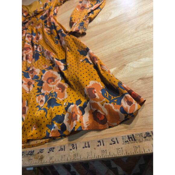 Free People Mustard Yellow Floral Long Sleeve Knee Length Dress Size 4 Elastic - Picture 3 of 15